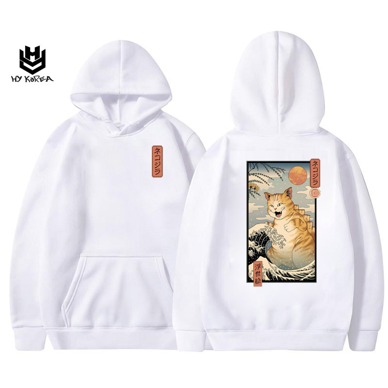 Áo Hoodie HY KOREA Nữ Nam Khoác Nỉ Form Rộng Kiểu Sweater Unisex In Hình Mèo khủng long DC79.