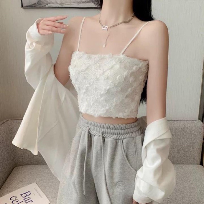 Áo hai dây ren hoa hồng 3D nổi hàng vip loại 1 có mút lót Bống Chic