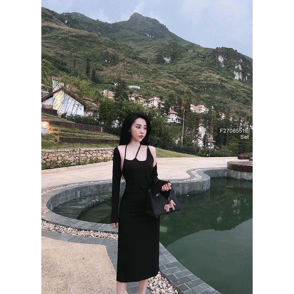 Set đen áo khoác croptop màu siêu xinh phối đầm body dây len zip hàng QC!