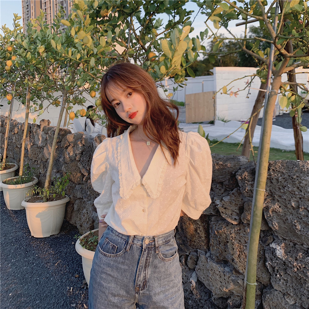 Áo màu trắng cổ chữ V tay phồng phối vải ren xinh xắn dễ thương