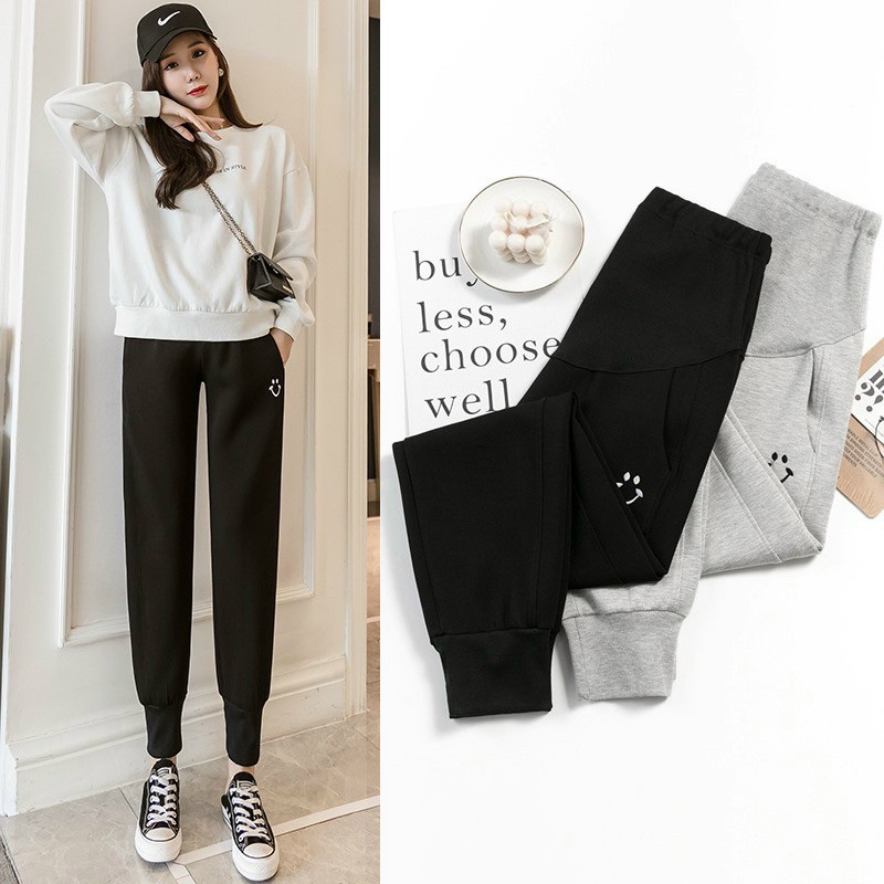 Quần bà bầu dài thu đông chất nỉ da cá dày dạ loại 1 dáng thể thao jogger hình con mèo có chun chỉnh bụng
