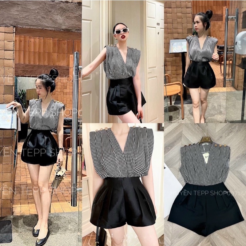 Set áo zic zac cổ V mix quần phồng tac ta - Hàng loại đẹp