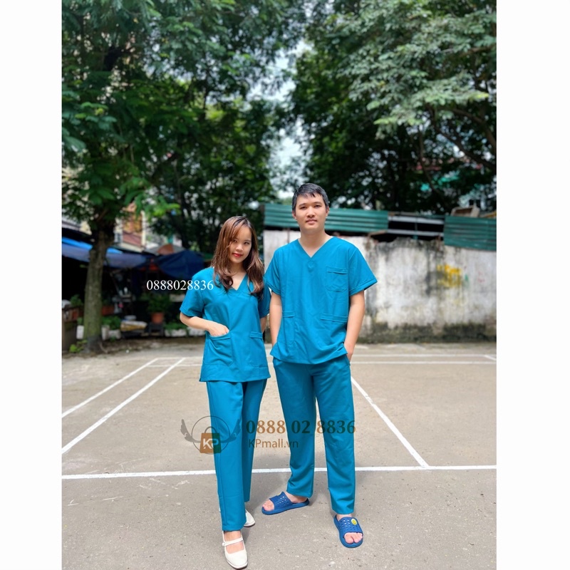 Bộ Scrubs Bác sỹ Cotton Cao Cấp màu Xanh Cổ Vịt, bộ phẫu thuật phòng mổ, đồng phục kỹ thuật viên thẩm mỹ viện, spa