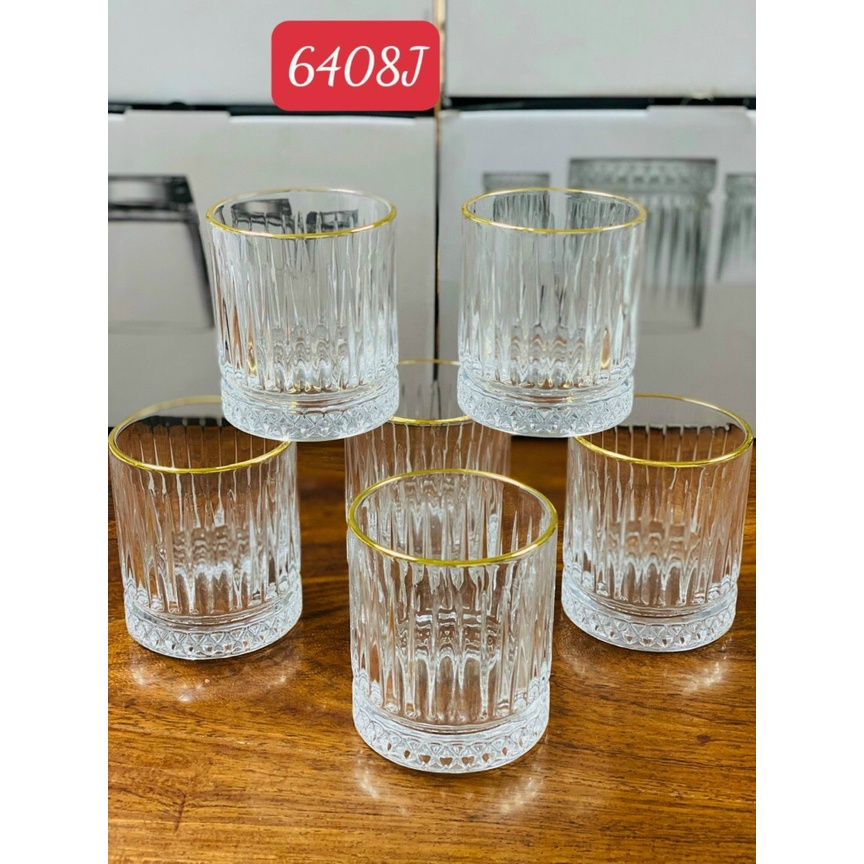 BỘ 6 LY THUỶ TINH, CỐC THUỶ TINH VIỀN VÀNG 350 ml CHỊU NHIỆT SỌC TRÁM ĐÁY | LY WHISKY | DECOR | QUÁN BAR NHÀ HÀNG SANG