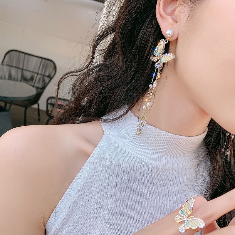 Bông Tai Mạ Bạc 925 Hình Bướm / Ngọc Trai Nhiều Màu Thời Trang Phong Cách Hàn Quốc