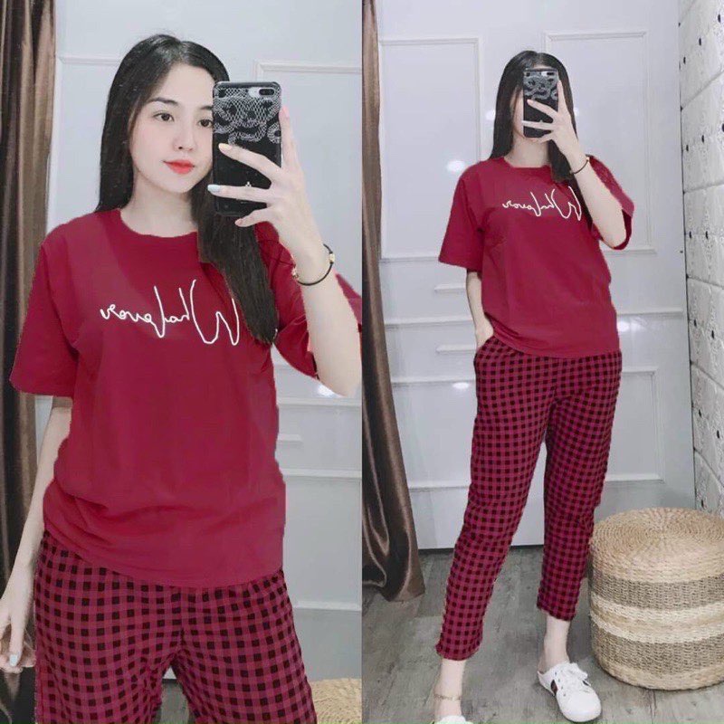 Bộ Thun Mặc Nhà Cotton Quần Caro Cho Nữ Siêu Xinh, Giá Rẻ