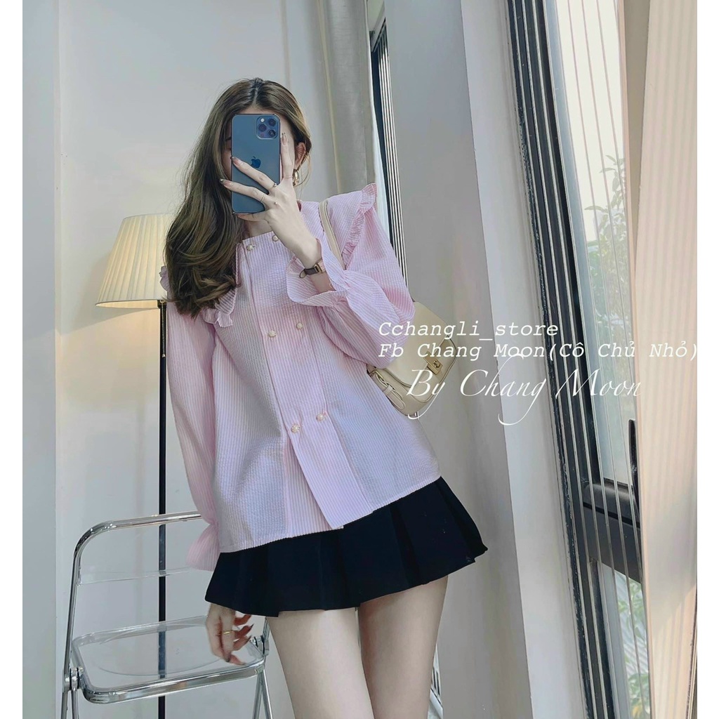 Áo sơ mi kẻ xốp babydoll tay bèo 2 màu hàng đẹp HA0005 hihishophaha
