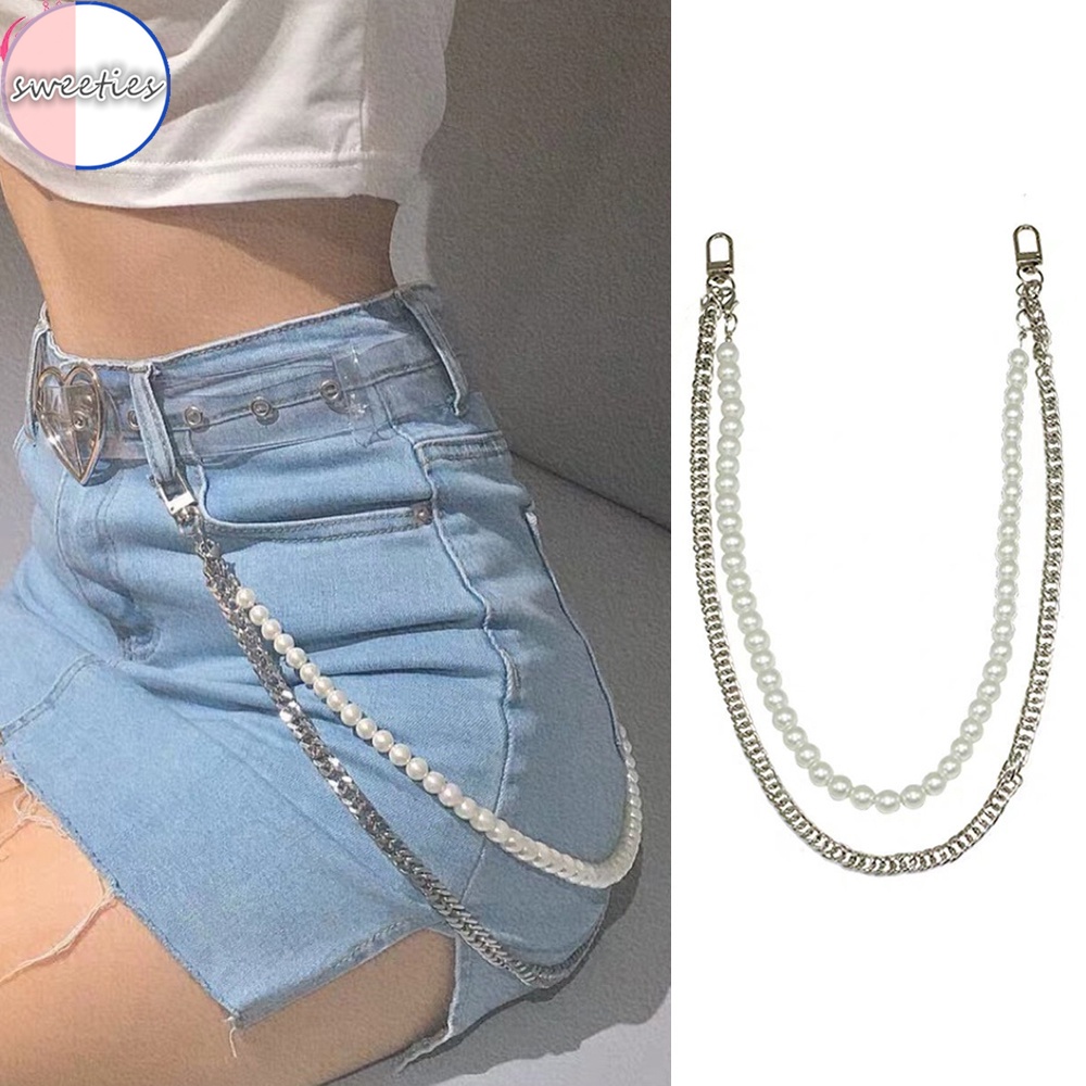 Thắt lưng hai lớp đính ngọc trai nhân tạo phong cách hip hop thời trang cho nam và nữ