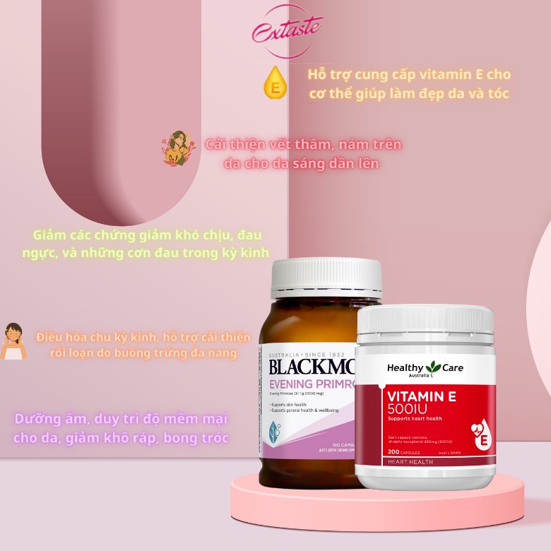 Combo chống lão hóa Healthy Care vitamin E 500IU 200 viên và tinh dầu anh thảo blackmores 190 viên
