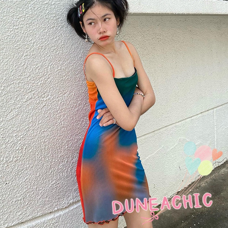 Đầm Hai Dây Phối Lưới In Họa Tiết Thời Trang Cho Nữ