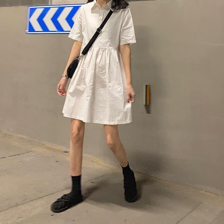 [QUÀ TĂNG LÀ SƯA TĂM]  VÁY BABYDOLL CỔ ĐỨC KHUY CÀI CỘC TAY, ĐẦM NỮ TRƠN DÁNG XÒE, ĐẦM DÁNG SUÔNG, ĐẦM DỰ TIỆC | BigBuy360 - bigbuy360.vn