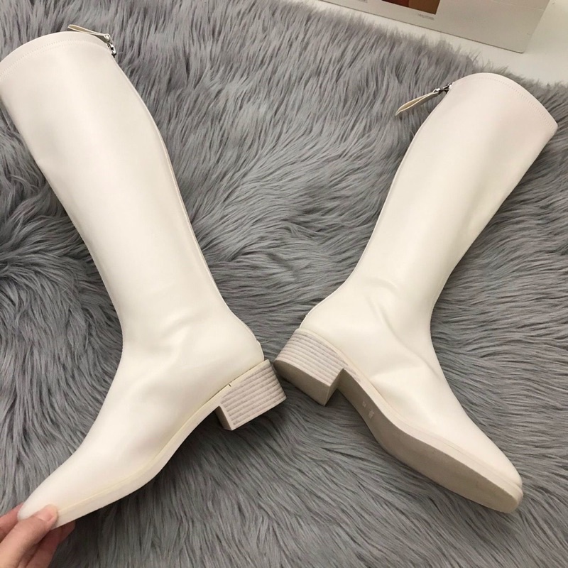 Bốt đùi nữ da mềm gót thấp đẹp kéo khoá gót F20
