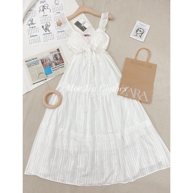 Đầm maxi thô trắng hai dây cánh tiên tiểu thư phối ren có đệm ngực hàng đẹp, Váy 2 dây nữ đi biển hàng 2 lớp dáng dài | BigBuy360 - bigbuy360.vn