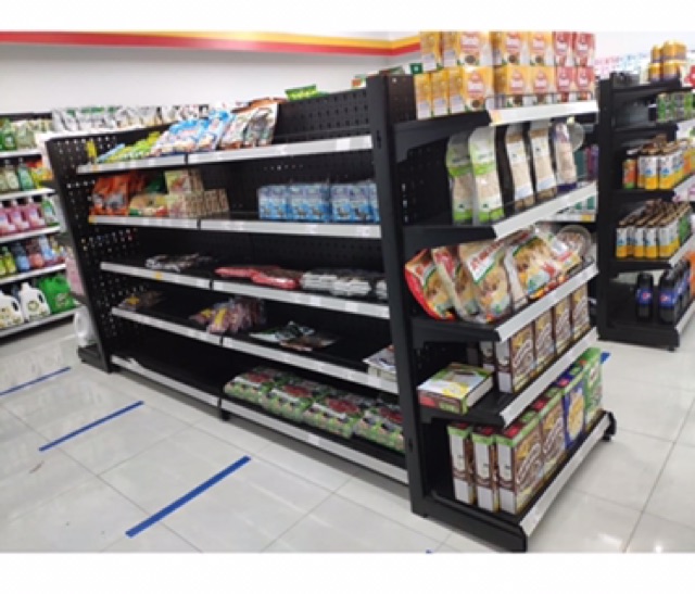 Kệ để hàng siêu thị tôn đục lỗ ( Kệ 2 mặt Cao 1m5 dài 90cm )