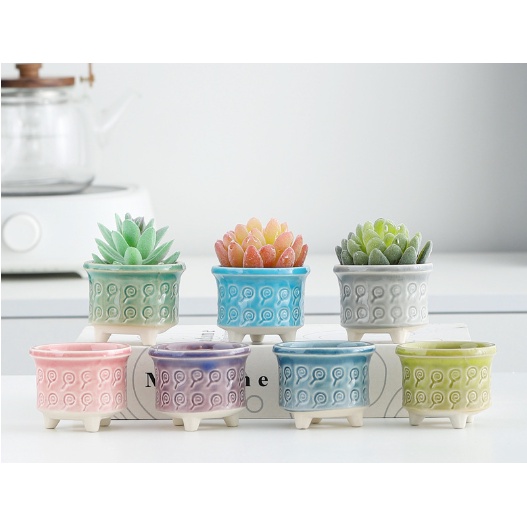 Chậu cây gốm sứ pastel hoa văn mini CHAUM5 trồng hoa sen đá cây cảnh cute trang trí decor để bàn ống bút cắm đồ