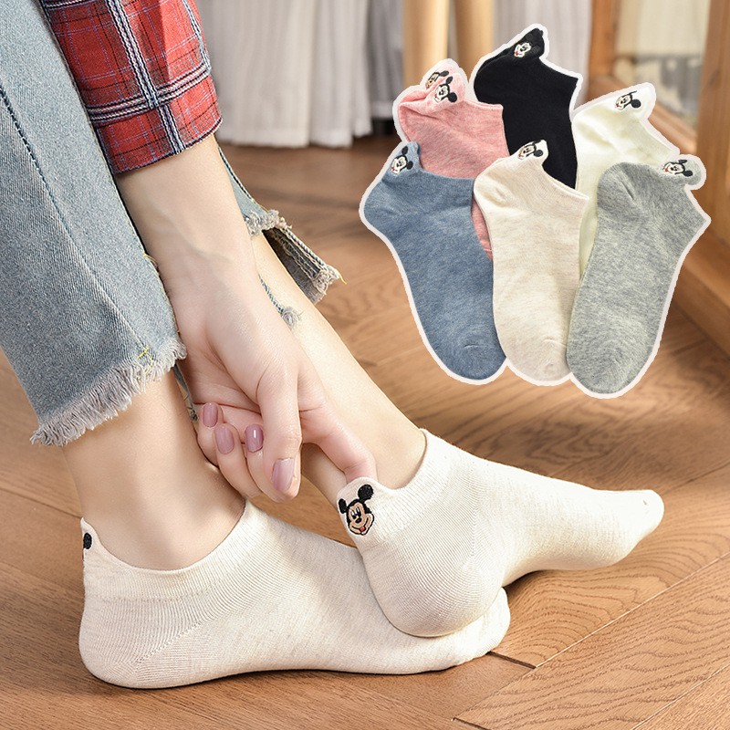 Tất cổ ngắn gót thêu mickey xinh xắn, vớ ngắn cổ chất cotton thoáng êm chân trơn màu