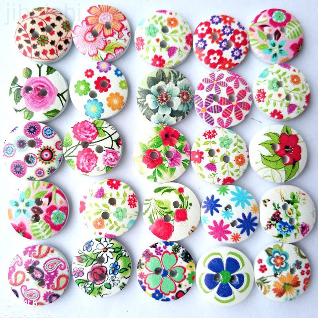 Set 100 Nút Gỗ 2 Lỗ Hình Tròn In Hoa 15mm Nhiều Màu Trang Trí Sổ Tay Diy