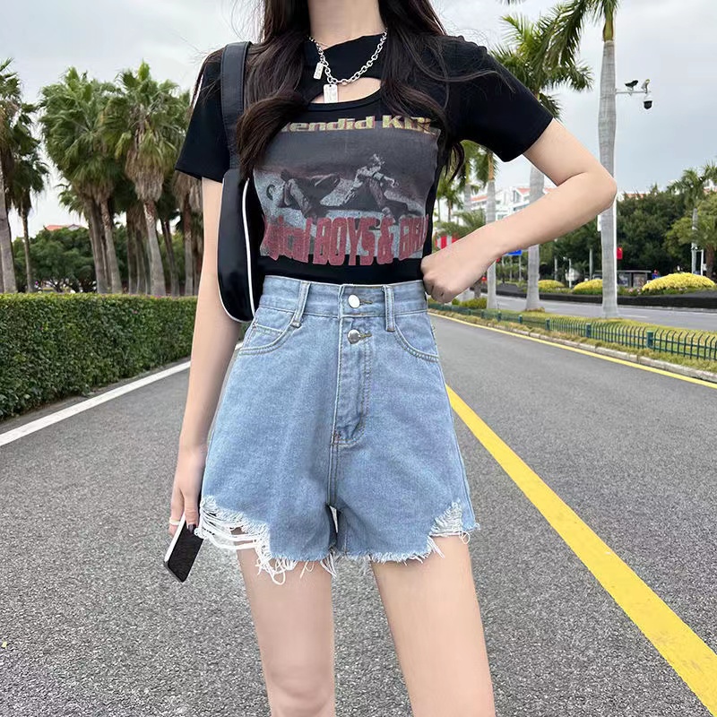 Quần short lưng cao ống rộng màu trơn phối rách thời trang Hàn Quốc cho nữ
