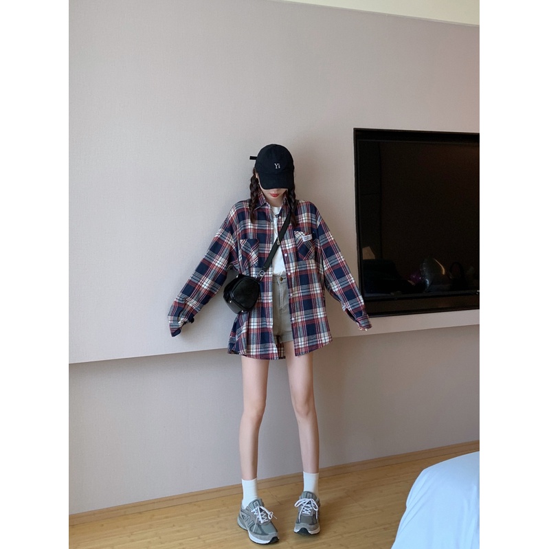 Áo Sơ Mi Caro Tay Dài Dáng Rộng Màu Sắc Tương Phản Phong Cách Hàn Quốc Thời Trang Mùa Thu Cho Nữ