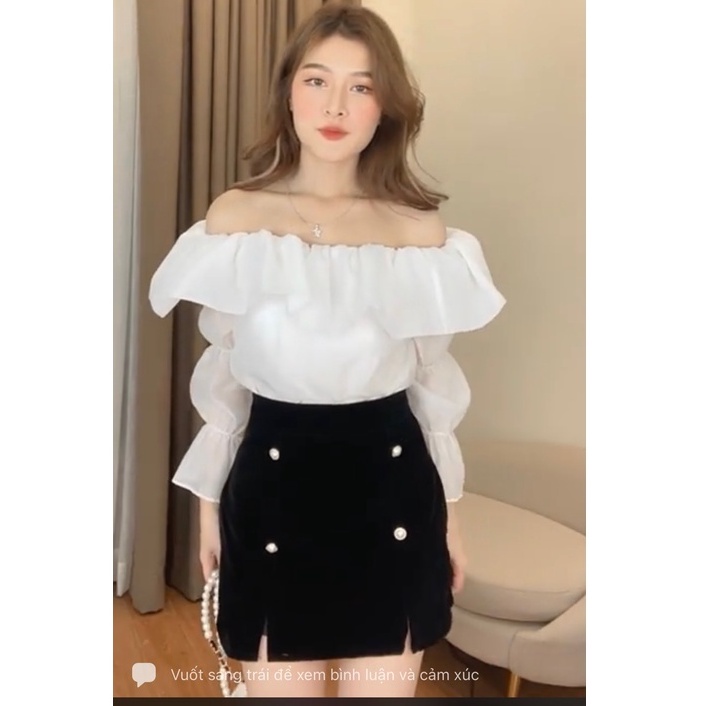 Áo sơ mi mi tơ bẹt vai siêu xinh 2 màu trắng be