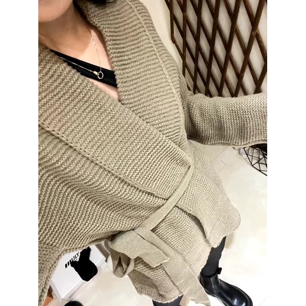 Áo khoác len suông rộng kèm đai Hàn Quốc