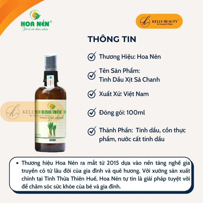 Tinh Dầu Xịt Sả Chanh HOA NÉN 100ml - Khử Mùi, Kháng Khuẩn; Thanh Lọc Không Khí, Đuổi Côn Trùng | Kelly Beauty