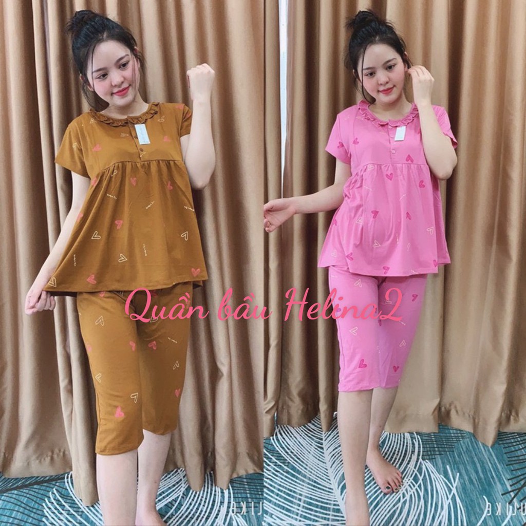 Bộ bầu và sau sinh LỬNG TIM CỔ BÈO mùa HÈ kéo khóa cho bé bú, chất cotton, màu đẹp, cho mẹ bầu mặc nhà