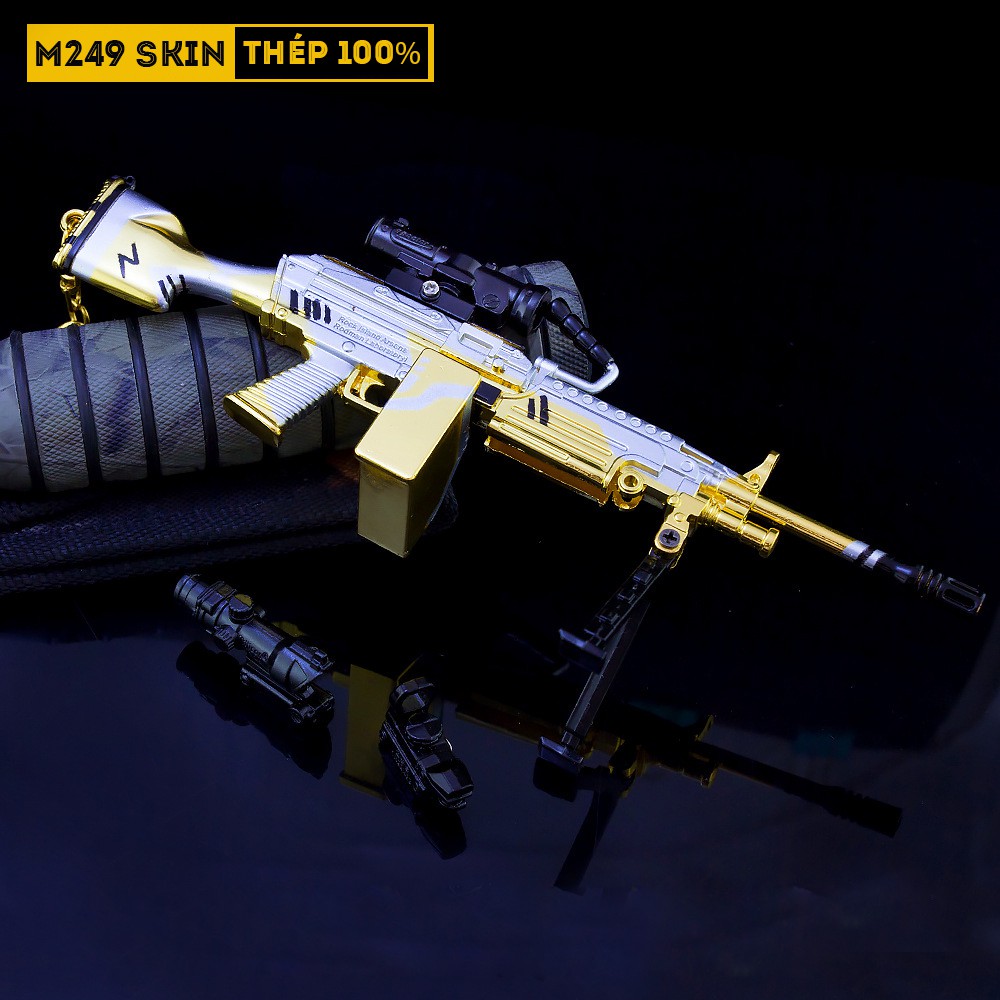 Mô Hình PUBG M249 Skin Ultimate Gold Tặng Kèm 3 Scope Và Kệ Trưng Bày 19cm