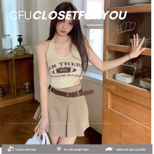 Set áo cổ yếm croptop + chân váy xếp li phong cách cao bồi