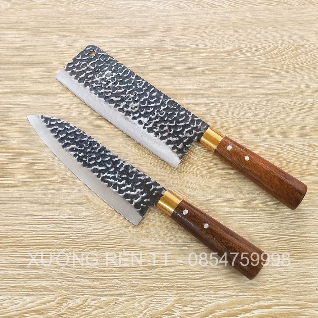 Bộ 4 Dao Nhà Bếp Thép Nhíp Dập Vân Kháng Rỉ, Chặt Cây, Xương, Thái Lọc Thịt - Cán Gỗ Cẩm