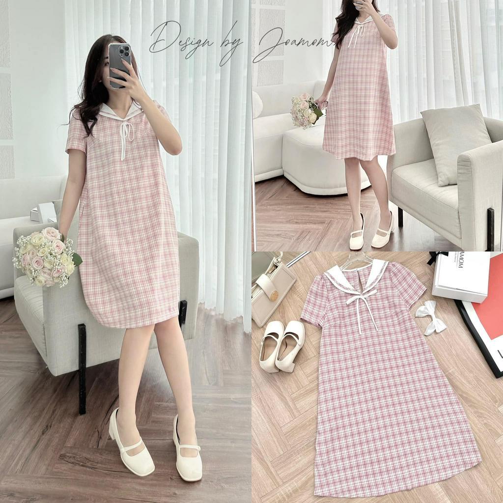 Váy đầm bầu kẻ cổ nơ mùa hè mát mẻ thiết kế Joamom V320