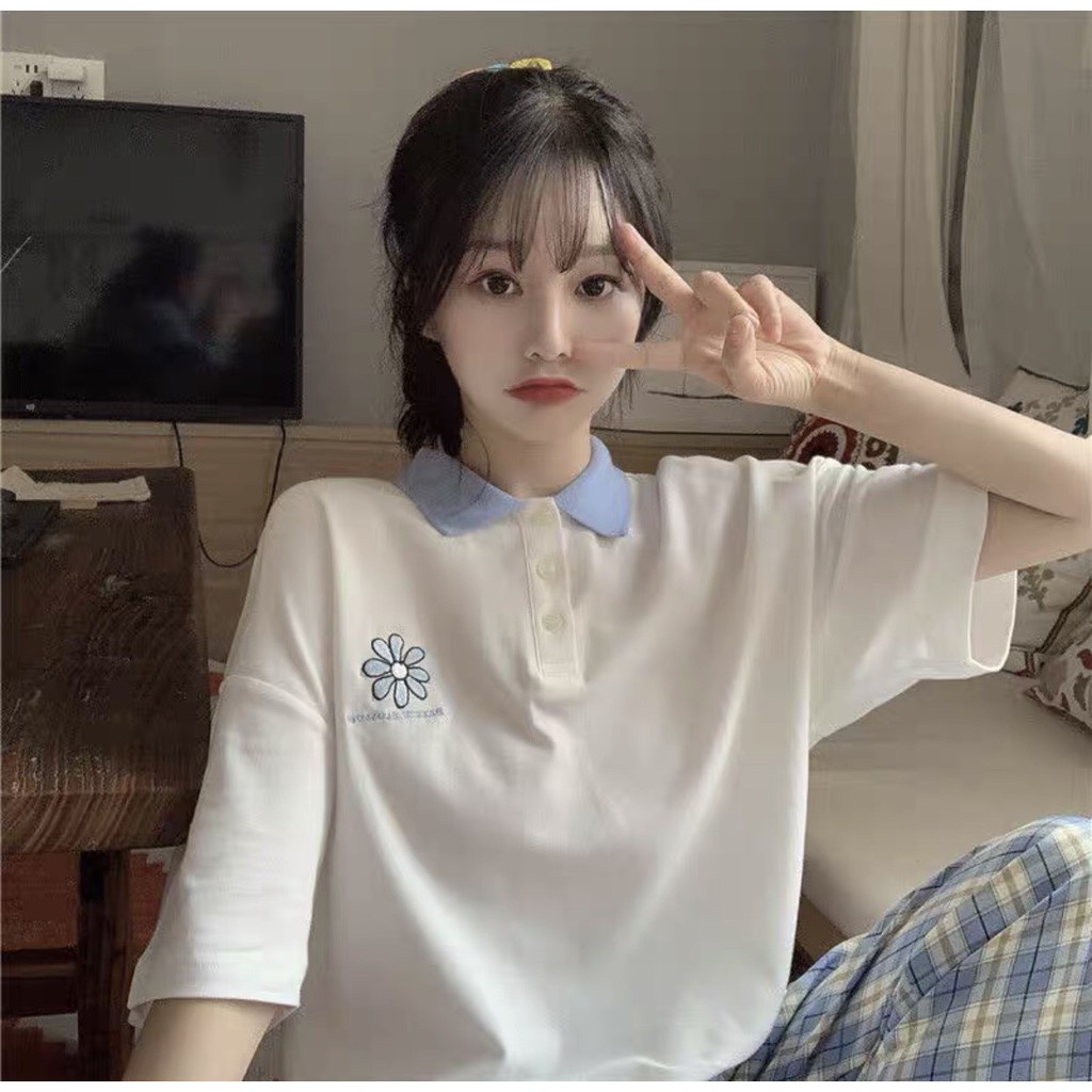 ÁO POLO MIX CỔ XANH TRẮNG THÊU HOA DAISY ULZZANG - ÁO THUN TAY LỠ CỔ BẺ ULLZANG