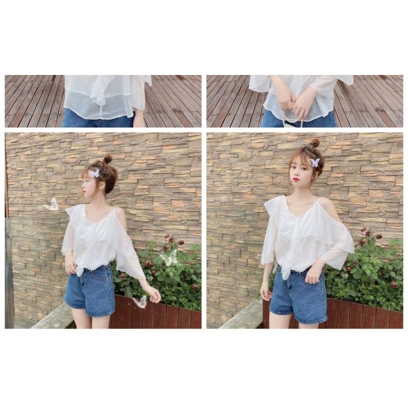AMOI Áo Kiểu Chiffon Tay Ngắn Loe Trễ Vai Cổ Chữ V Phối Bèo Ngọt Ngào Cho Nữ