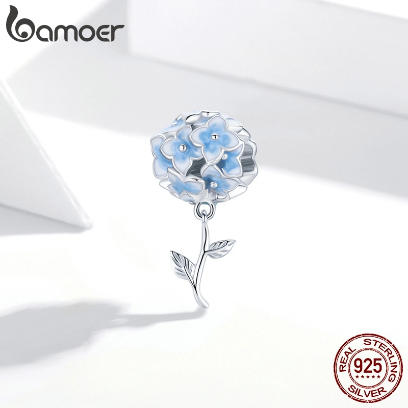 Mặt Dây Chuyền Hạt Charms Gắn Vòng Tay 3D Màu Xanh Dương Hoa Cẩm Tú Cầu Bamoer Bằng Bạc 925 Nguyên Bản Bijoux BSC392