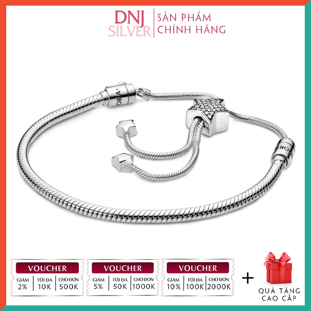 Vòng tay bạc 925 cao cấp - Mẫu vòng Pavé Star &amp; Snake Chain Sliding Bracelet, dây rút freesize điều chỉnh linh động