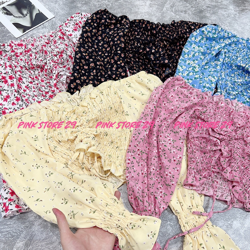 Áo croptop hoa rút dây giữa tay dài A502099