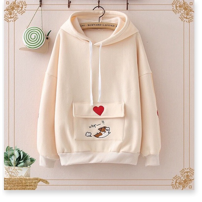 ÁO HOODIE NỮ CHUI ĐẦU PHỐI HỌA TIẾT TRÁI TIM XINH XINH
