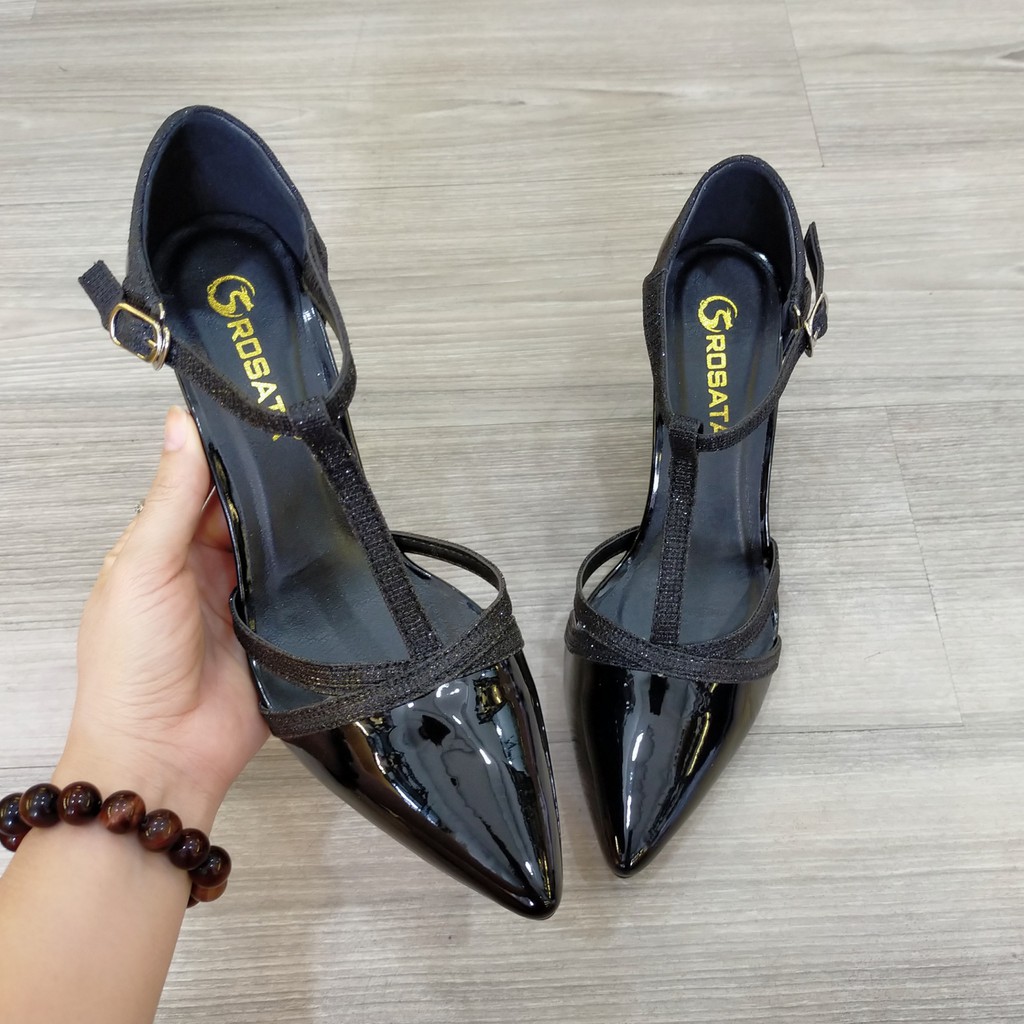 [ẢNH THẬT] Giày sandal gót trụ viền kim tuyến cao cấp ROSATA RO286 cao 7p mũi nhọn - đen, bạc - HÀNG VIỆT NAM - BKSTORE