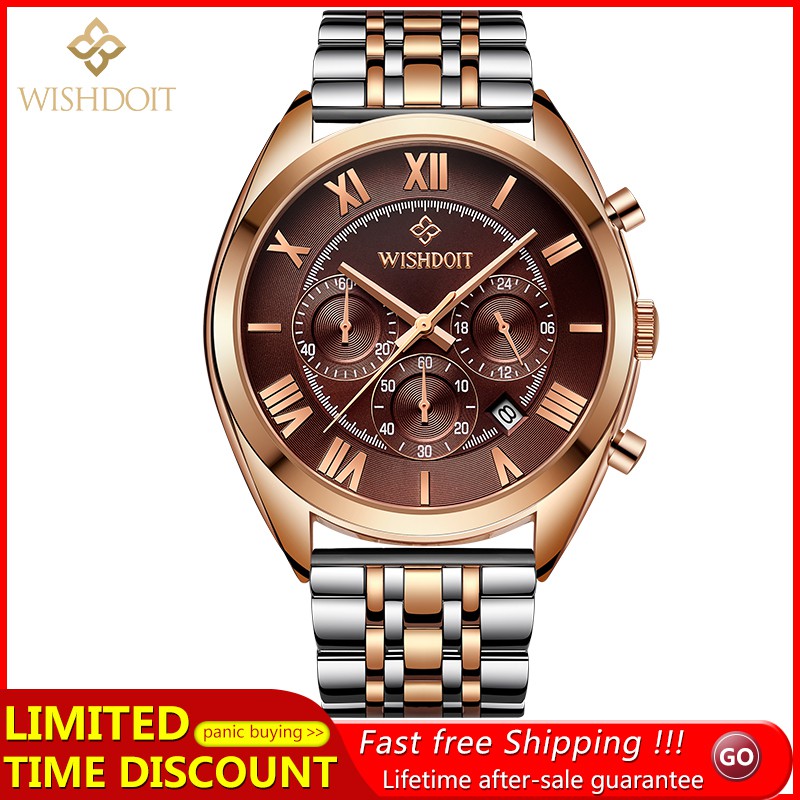 【Official product】WISHDOIT Multifunction Three-eye chronograph Sports waterproof swim watches stainless steel business casual watch Popular watches Calendar function Quartz watch Student watch.