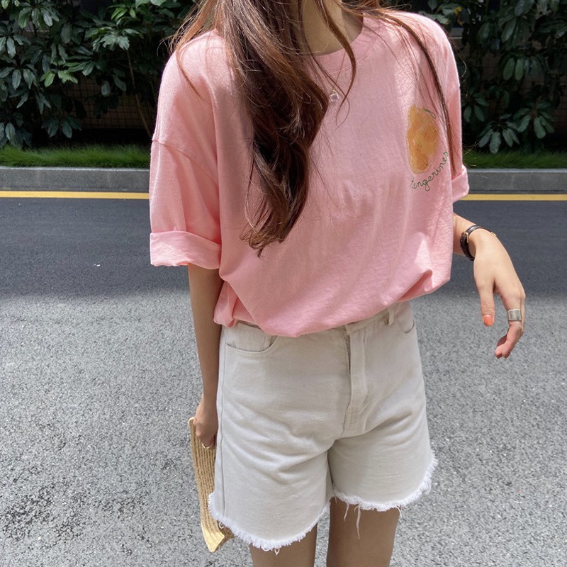 Áo thun ZHELIHANGFEI ngắn tay dáng rộng in hình quả cam dễ thương