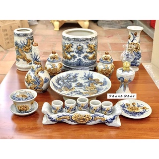 Bộ đồ thờ cúng men rạn đắp nổi bát tràng hàng kỹ tinh xảo- đồ thờ men rạn bát tràng chính hãng