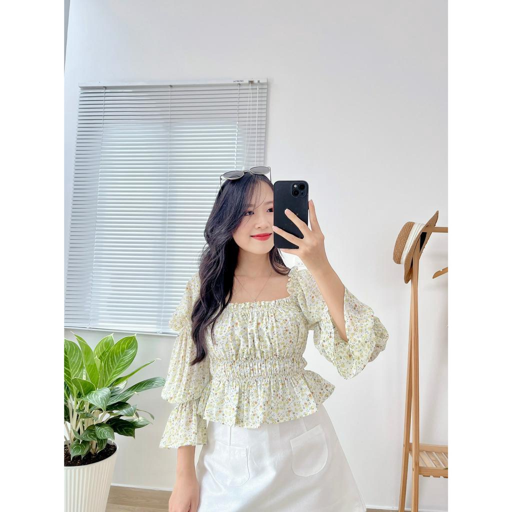 Áo Croptop Voan Hàn Tay Dài Hoa Nhí Vàng Chanh A01