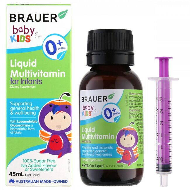 [Nhà thuốc 9523]- Bổ sung vitamin B multivitamin cho trẻ Brauer Baby &amp; Kids Liquid Multivitamin for Infants 0+ chai-45ml