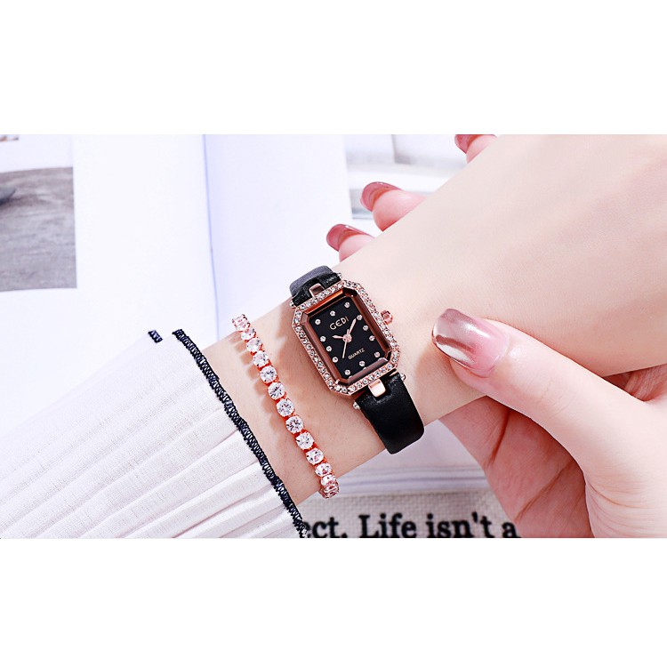 Đồng hồ nữ Gedi hàng chính hãng dây da mặt chữ nhật đính đá | BigBuy360 - bigbuy360.vn