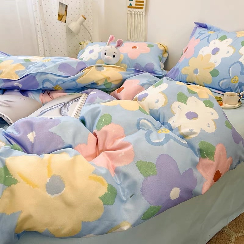 Bộ chăn ga gối hoa ngũ sắc cotton 3D moexu cao cấp mềm mịn thấm hút mồ hôi có nhiều kích cỡ có vỏ gối ôm cùng bộ