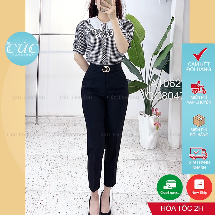 Áo sơ mi nữ Cúc Fashion somi tay ngắn cao cấp vải lụa from đẹp thời trang công sở đen đi học kẻ cara cổ trắng A1062