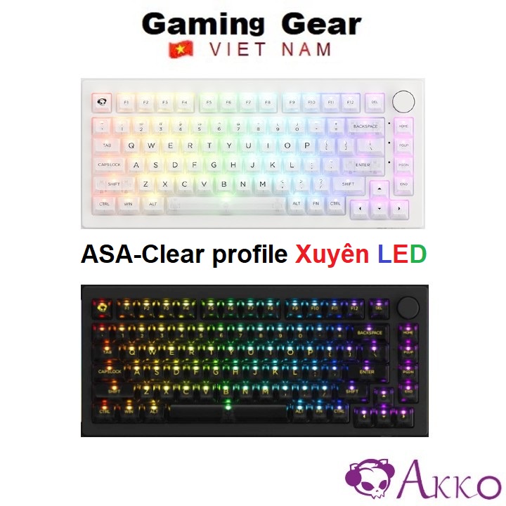 Bộ nút phím cơ trong suốt xuyên led AKKO Keycap set ASA Clear - White / Black / Pink (PC / ASA-Clear profile / 155 nút)