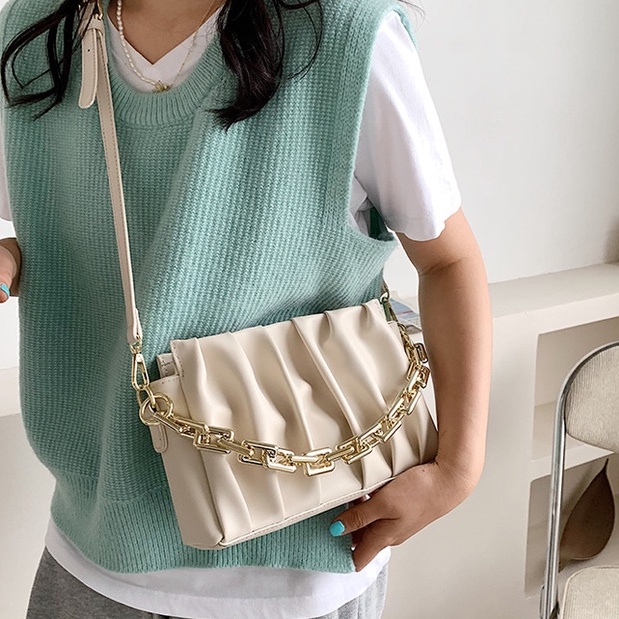 Túi xách nữ đẹp, túi đeo chéo phối xích da xếp ly đi chơi phong cách hàn quốc PK 360