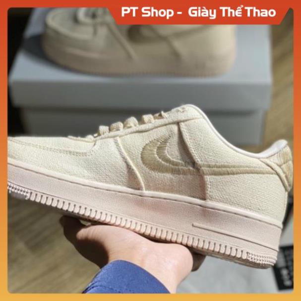 [FreeShip + Hàng Xịn]  Giày Sneaker cổ thấp AF1 Air Force 1 Stussy Fossil Stone, Giầy AF1 Air Low Vải Kem đủ bill box