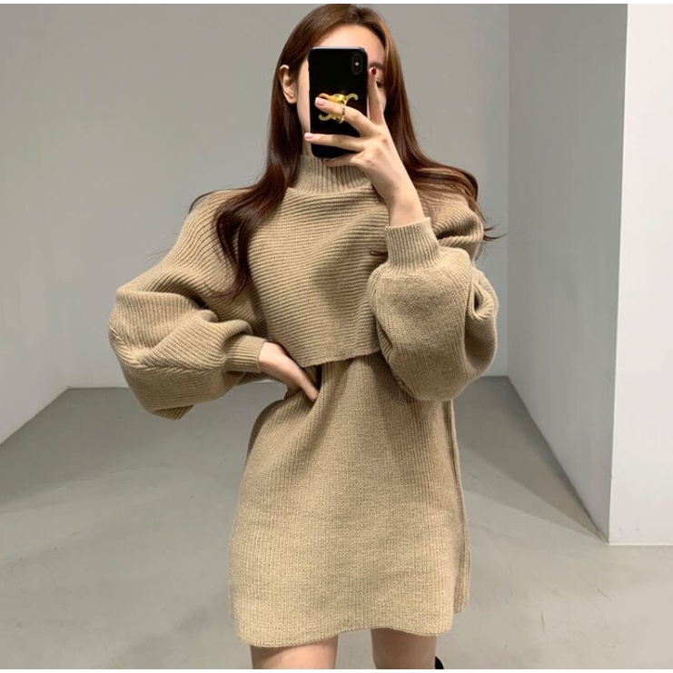 Set Đầm Dệt Kim Tay Phồng Cổ Cao + Áo Len Không Tay Thời Trang Mùa Đông Mới Cho Nữ